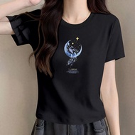 LINGLONGDAI | เสื้อยืดแขนสั้นผู้หญิงคอตตอนแท้สีดำ ทรงเข้ารูป ระบายอากาศได้ดี ฤดูร้อน 2023 แบรนด์ Lin