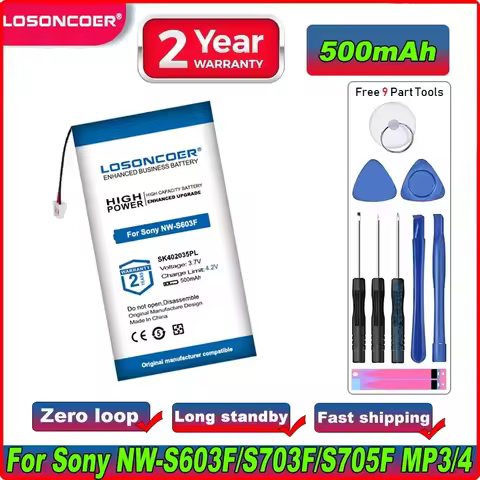 LOSONCOER New 500mAh For SONY NW-S603F NW-S703F NW-S705F SK402035PL MP3, MP4 Battery