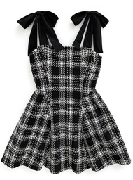 ชุดเดรสสั้นลายสก็อตสไตล์ญี่ปุ่น GRL ทรงเข้ารูปเอวสูง ผูกโบว์ผีเสื้อ คอวี แขนกุด ผ้าโพลีเอสเตอร์ สไตล