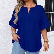 Plus Size Holiday Leisure Solid Color Notched Neck Ruffle Sleeve Blouse Plain Plus Size Blousesroyal