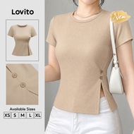 (New Arrival) Lovito Casual T-shirt Jacquard Asymmetrical Button Spring/summer Khaki T-shirt for Wom