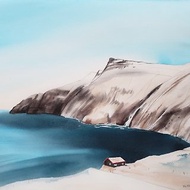 Faroe islands landscape with sea. Watercolor painting on paper