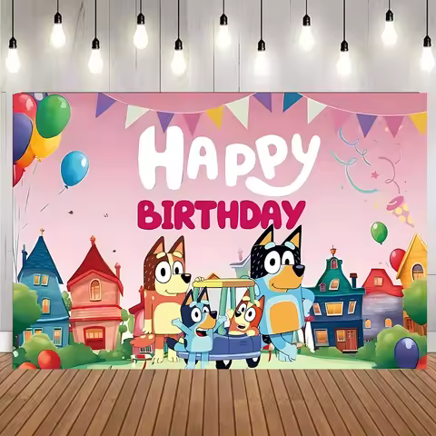 Bluey Themed Happy Birthday Backdrop Banner Kids Cartoon Dog Birthday Party Decor for Boys Girls Bir