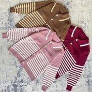 VIONA Knitted Cardigan with Striped Polo Collar / Premium Korean Style Long Sleeve Striped Polo Card