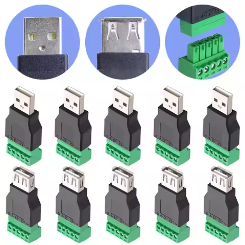 USB 2.0 Type Connector with 5 Pin Screw Terminal, Solderless Male Female USB Plug Socket for Compute