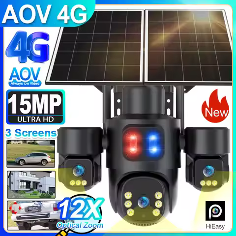 15MP 4G LTE Solar Camera AOV 24/7 Recording 12X Optical Zoom Three Screen Outdoor Surveillance Camer