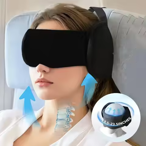 Travel neck pillow with eye mask, breathable, for sleep, with integrated fixation and support, light