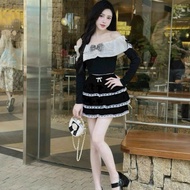 Off-the-shoulder top and skirt set, long-sleeved shirt set with mixed colors and pretty tiered skirt
