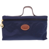 Longchamp Le Pliage 尼龍皮革手拿包，海軍ブラウン，0638，成色極佳 [二手] Longchamp