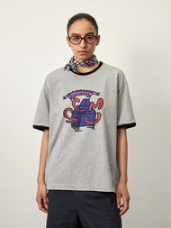 เสื้อยืดแขนสั้นคอตตอนแท้พิมพ์ลาย Siwa สีบล็อกสไตล์สตรีทสำหรับผู้ชายในช่วงฤดูร้อน เสื้อยืดทรงหลวมๆ สำ