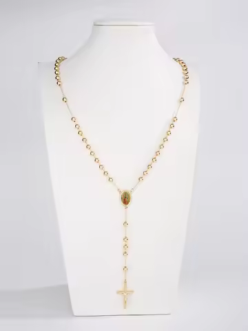 FanSibao Y shaped bead chain Golden Virgin Mary cross prayer bead pendant long necklace ladies and g