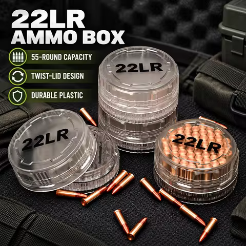 55-round ammo capacity; suitable for .22LR cartridges; portable pocket ammo storage box; translucent