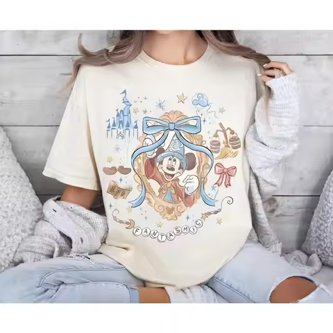 Retro Sorcerer Mickey Fantasia Men TShirt Disney Magic Tee Wizard Mickey Vintage Aesthetic Shirt Fan