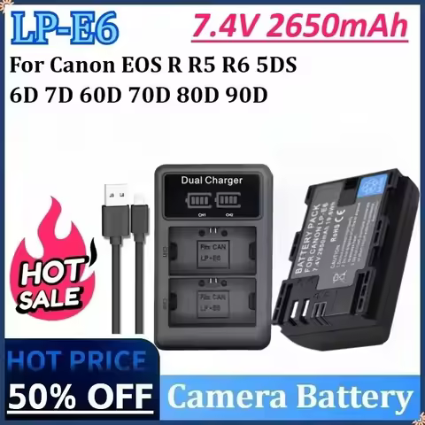 7.4V 2650mAh 19.6Wh LP-E6NH LP E6NH LP E6 LP-E6N Camera Battery with Charger for Canon EOS R R5 R6 5