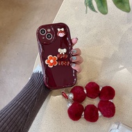 Suitable for IPhone 11 12 Pro Max X XR XS Max SE 7 Plus 8 Plus IPhone 13 Pro Max IPhone 14 15 Pro Max Red Colour Phone Case Girl Flower Cheery Suger Accessories with Bracelet