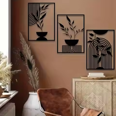 3-Piece Black Metal Wall Art Set, Minimalist Abstract Line Design, Durable Iron Indoor Outdoor Decor