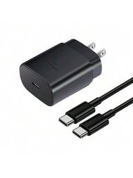 黑色usb C快速充電器,配備三星25w Type C適配器,type C至type C充電線,與三星galaxys24,s24+,s24 Ultra,s23 Ultra,s23+/s23/s22/s21/s20/note 20/note 10,iphone 15/15 Pro/15 Plus,ipad,pixel和其他android型號兼容