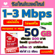✅ซิมโปรเทพ 1-3 Mbps MaxSpeed 15 mbps 50GB ใช้หมดก็วิ่งไม่ลดสปีดที่1-3mbps+โทรฟรีทุกเครือข่าย yotube 