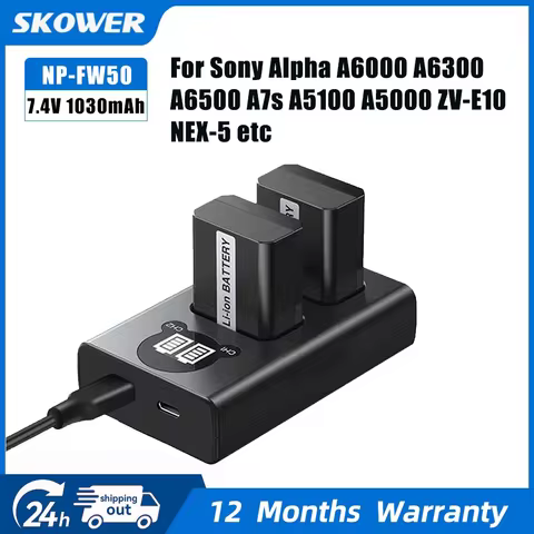 SKOWER NP-FW50 Battery for Sony Camera ZV-E10 7SM2 A7RII A7II A7SII A7S ILCE-5000 6300 6400 a6500 DS