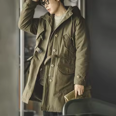 Maden Heavyweight M47 Parka for Men Mid-length Thickened Hooded Coat Adjustable Cuffs Winter Warm Fl
