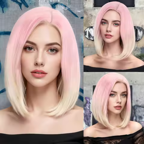 Pink to Blonde Ombre Bob Wig Middle Part Inward Curled Layered Style Fashion Synthetic Hair for Dail
