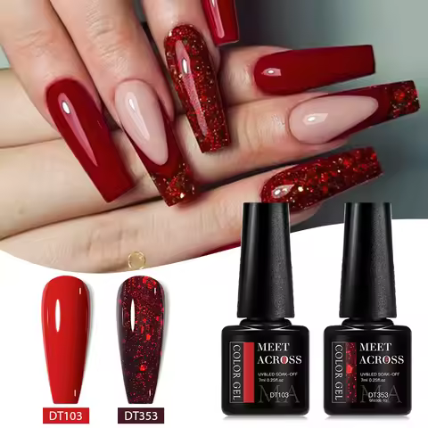 MEET ACROSS 2Pcs/Set Red Series Nail Gel Polish Nail Supplies Semi Permanent Glitter Sequins Nail Ar