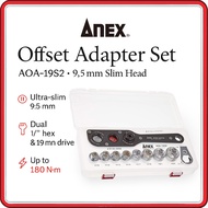 ANEX AOA-19S2 Offset Adapter Socket Set – Ultra-Slim 9.5 mm Head, 8 Metric Sockets, Dual 1/4″ Hex & 