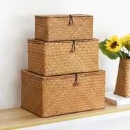 Mulitisize Woven Wicker Storage Box with Lid Rectangular Seagrass Basket Rattan Storage Organizer for Shelf Organizer Home Decor