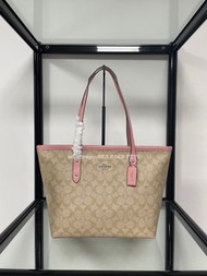 🎀Brand New Free Shipping💙Coach 購物袋 F58292 經典C字logo tote手提包 塗層帆布配皮革｜Color 淺卡其配粉紅｜Size 39x27x14💙配件全齊適合