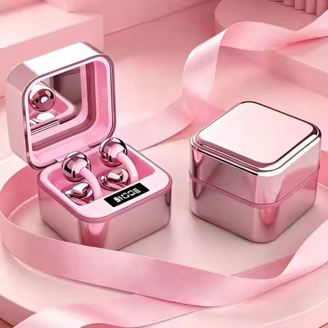 Wireless Bluetooth Earphone Earbuds Clip-on Headphones With Cosmetic Mirror Open For iPhone Samsung 