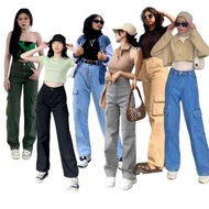 Highwaist cargo pants, longwaist cargo jeans pants, korean cargo pants