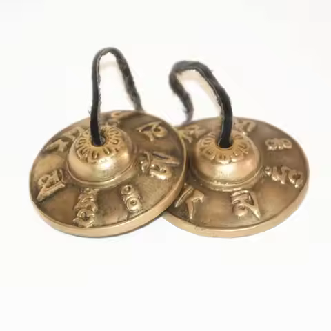 Tibetan Buddhist Singing Bells Pair Mantras Cymbals OM MANI PAD ME HUM Brass Golden