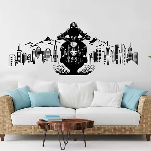 City Skyline Motorcycle Adventure Wall Sticker Decal Mountain Biker Riding Sport Urban Landscape Kid