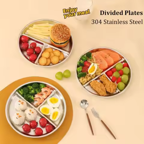 Multifunctional 304 Stainless Steel Portion Control Plates 9" inch Reusable Divided Plates Round Foo