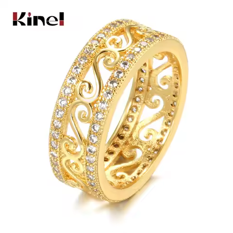 Kinel New Arrivals 18K Real Gold Ring Double Row Micro-wax Inlay Natural Zircon Hollow Rings Women W