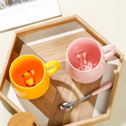 Kawaii Pink Unicorn Mug Cute Fox Cow Mugs 3D Animal Ceramic Coffee Mug with Lid and Spoon Funny Mug 