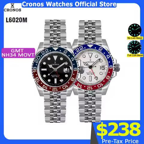 Cronos GMT NH34 Automatic Men WatchBidirectional Bezel Sapphire 20 ATM Solid, 5 Links Metal Bracelet