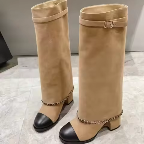 Brand New Round Toe Thick Heel Chain Belt Buckle Skirt Boots Women's Autumn Winter Fashion Runway Mi