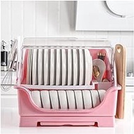 Space Saving Dish Rack Kitchen Dish Rack Tableware Bowl Chopstick Storage Box Plastic Household Drainer Large Lid Double Layer Container Dish Drying Rack (Color : Pink)