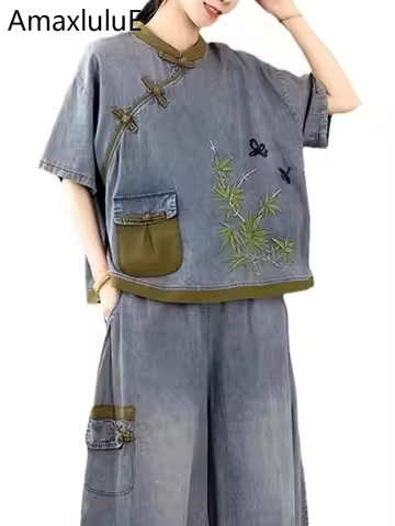 AmaxluluE Chinese Fashion Womens Embroidery 2 Pieces Sets Loose Tshirts Vintage Tops Denim Outfits C