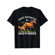 Women Girls Equestrian T-Shirt, Easily Distracted By Horses and Dogs