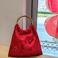 Retro New Chinese Red Bridal Bag Wicker Weaving Bamboo Node Handbag Show He Qipao Ethnic Style Embro