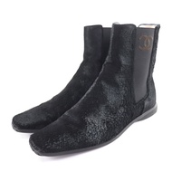 全新★CHANEL 2001 年復古款 Coco Mark 刺繡方頭小牛皮側鬆緊帶短靴，黑色，37 碼，帶盒子，意大利製造，女款。