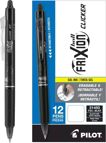 Erasable & Refillable Gel Pens, Fine Point Black Ink, Retractable Clicker, 12-Pack