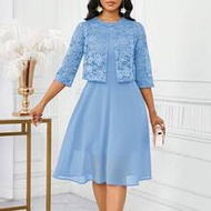 Petite New Women's Elegant Blue Solid Color Lace Sleeveless Top And Dress 2 ชิ้น Set, Summer Birthda