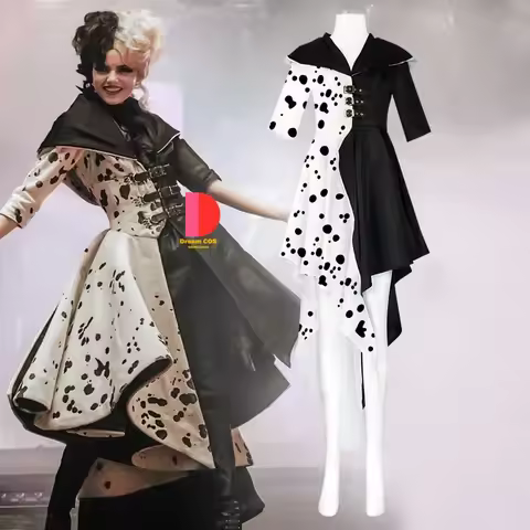 DY2025Cruella 2024 Halloween Costume Cosplay Evil Queen Black and White Coat Evening Dress Fashion E