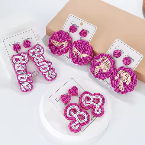 Barbie Earrings Kawaii Pink Princess Sweet Handwoven Rice Bead Ear Studs for Women Girls Cosplay Jew