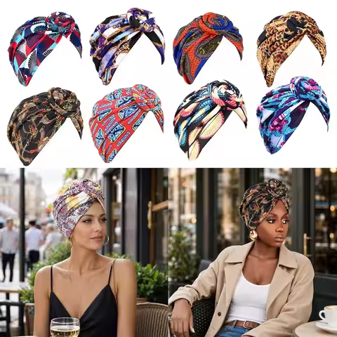 Fashion African Print Hijab Caps Pleated Knotted Style Islamic Headband Elastic Wrap Headscarf Women