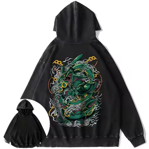 Men's Washed Black Cotton Hoodie with Legendary Pokemon Anime Rayquaza Green Dragon Back Print Vinta