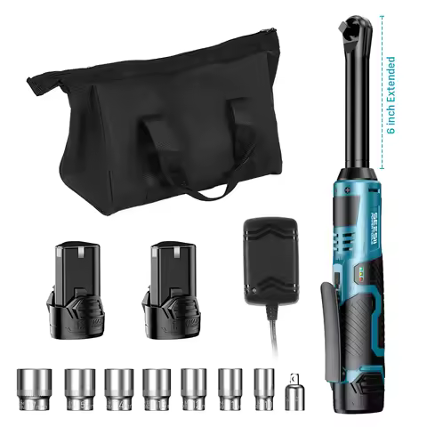 SEESII 3/8" Cordless Electric Wrench 55Nm 6' Extended Ratchet Wrench 12V Rechargeable Angle Wrench C